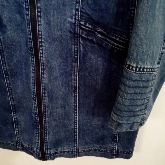 Oxygen Women's Hooded Long Moto Lined Denim Zip Up Jacket Pockets Small - Picture 7 of 14